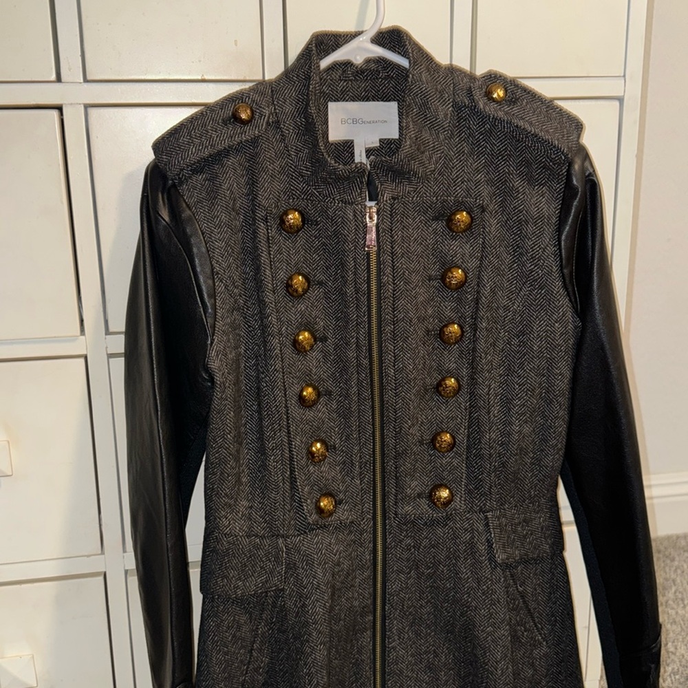 BCBG Black Tweed Jacket with Leather Sleeves and Gold Buttons